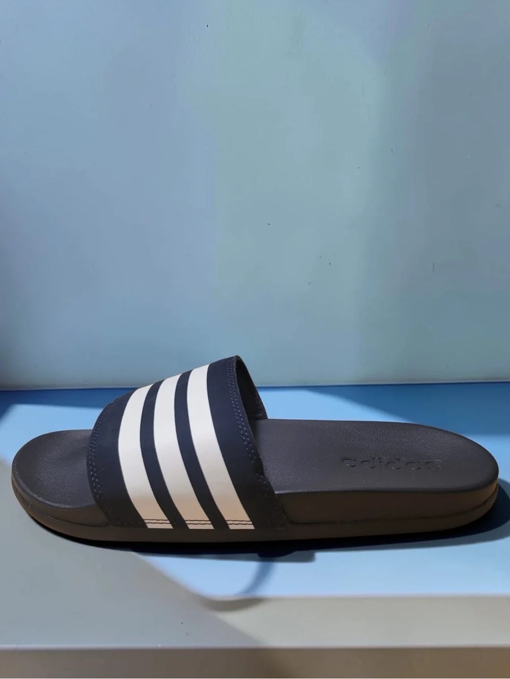 adidas Men's Blue Slide Sandal with White Stripes - Casual Pool/Beach Slide